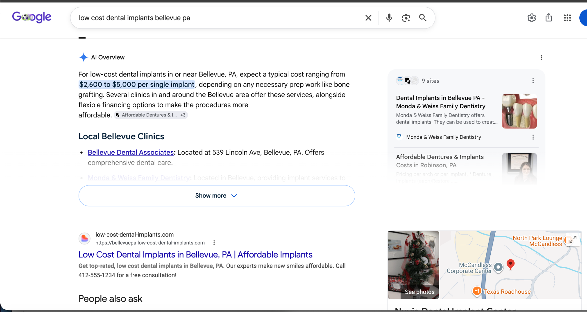 Google search results for low cost dental implants bellevue pa